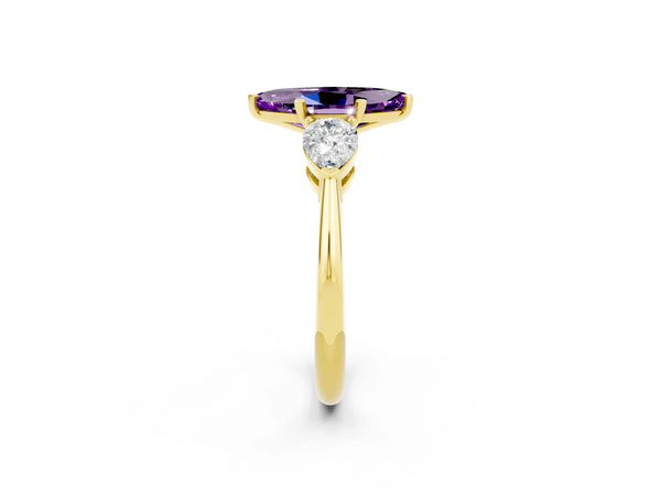 Yellow gold Three-Stone Marquise Cut Amethyst Ring with Pear Side Stones and Four-Prong Setting