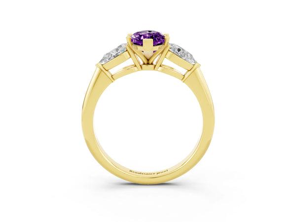 Yellow gold Three-Stone Marquise Cut Amethyst Ring with Pear Side Stones and Four-Prong Setting