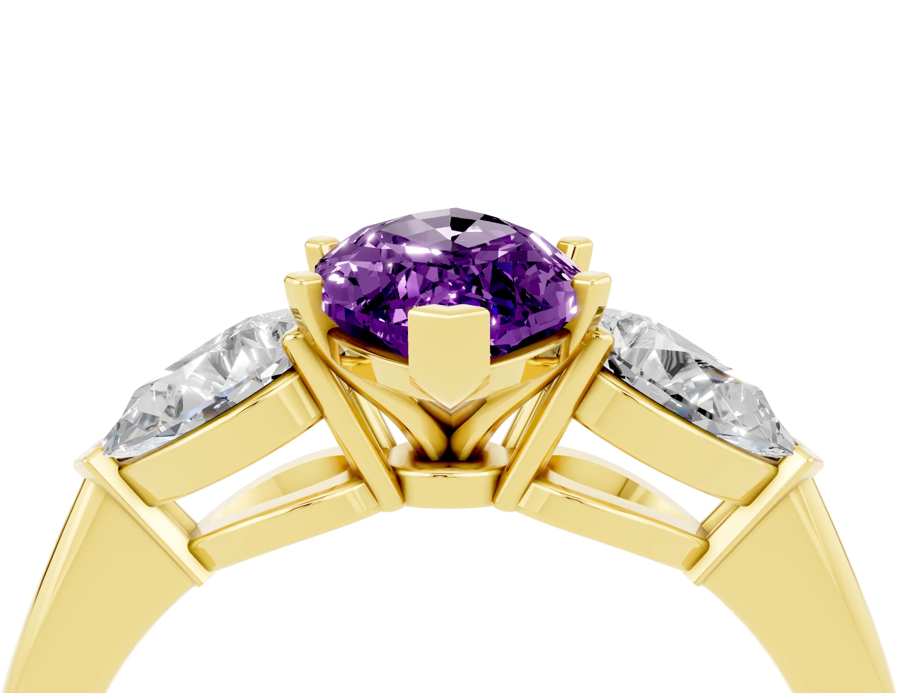 Yellow gold Three-Stone Marquise Cut Amethyst Ring with Pear Side Stones and Four-Prong Setting_4