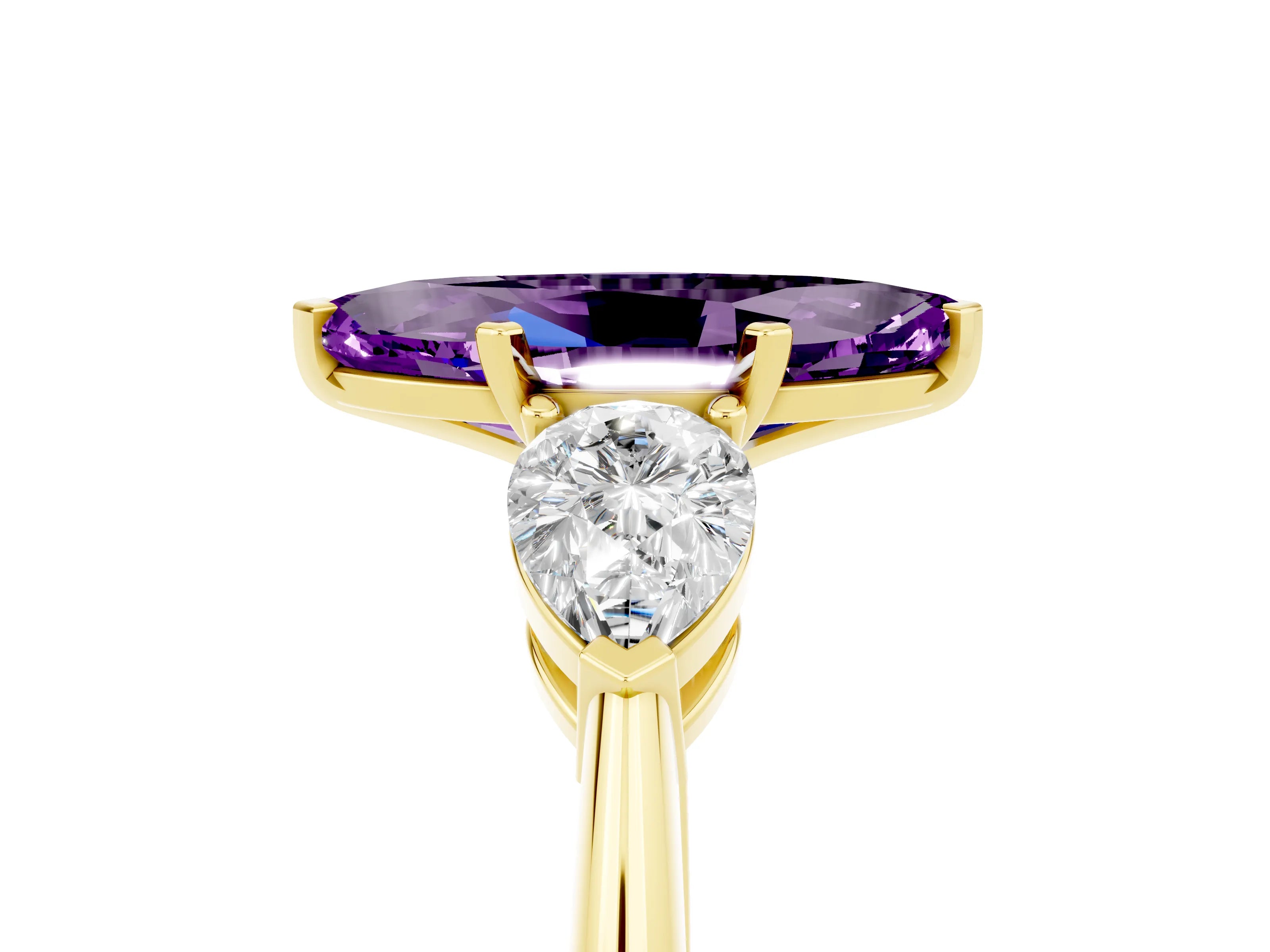 Yellow gold Three-Stone Marquise Cut Amethyst Ring with Pear Side Stones and Four-Prong Setting_5