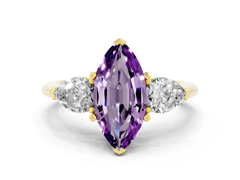 Yellow gold Three-Stone Marquise Cut Amethyst Ring with Pear Side Stones and Four-Prong Setting