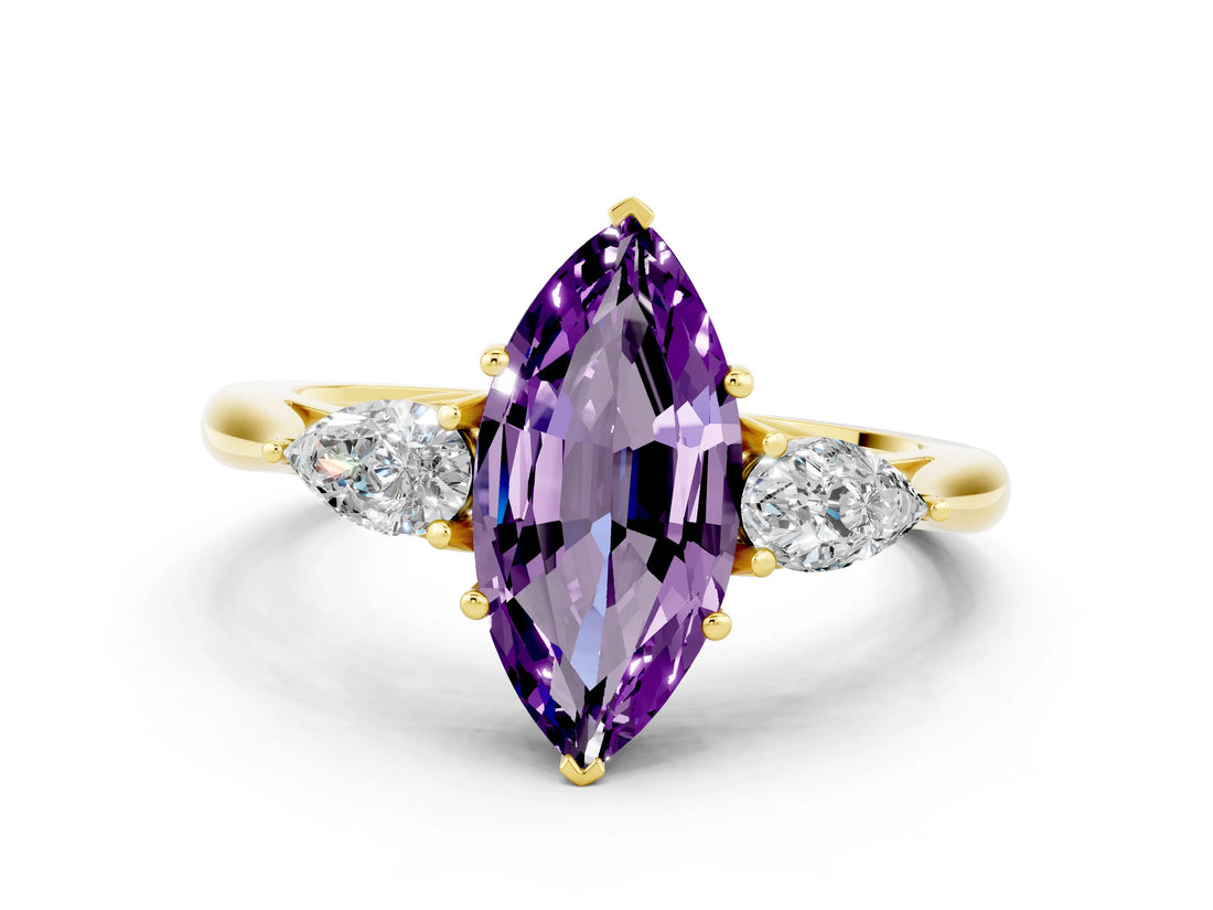 Yellow gold Three-Stone Marquise Cut Amethyst Ring with Pear  Side Stones in Four-Prong Setting_12