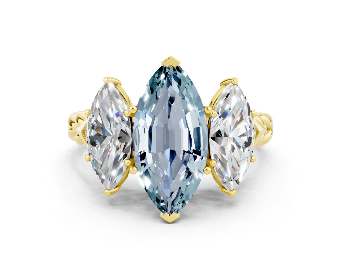 Yellow gold Three-Stone Marquise Cut Aquamarine Braided Band Ring with Four-Prong Setting_12