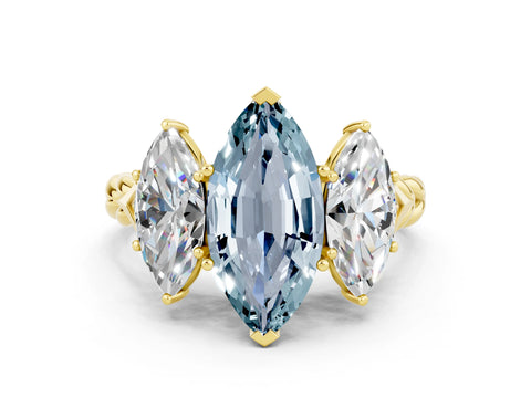 Yellow gold Three-Stone Marquise Cut Aquamarine Braided Band Ring with Four-Prong Setting_12