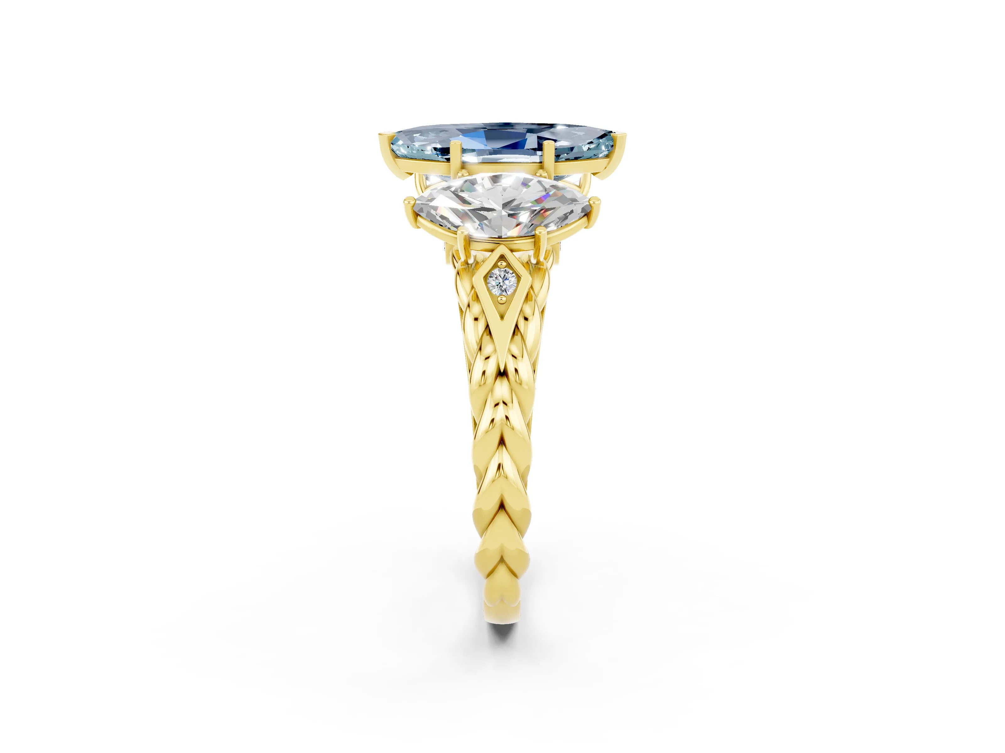 Yellow gold Three-Stone Marquise Cut Aquamarine Braided Band Ring with Four-Prong Setting_14