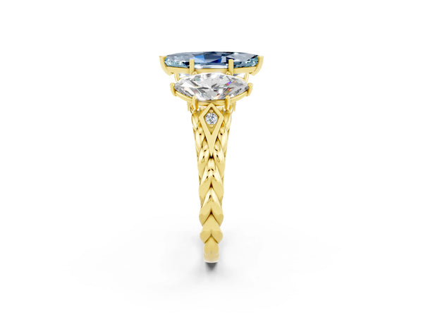 Yellow gold Three-Stone Marquise Cut Aquamarine Braided Band Ring with Four-Prong Setting