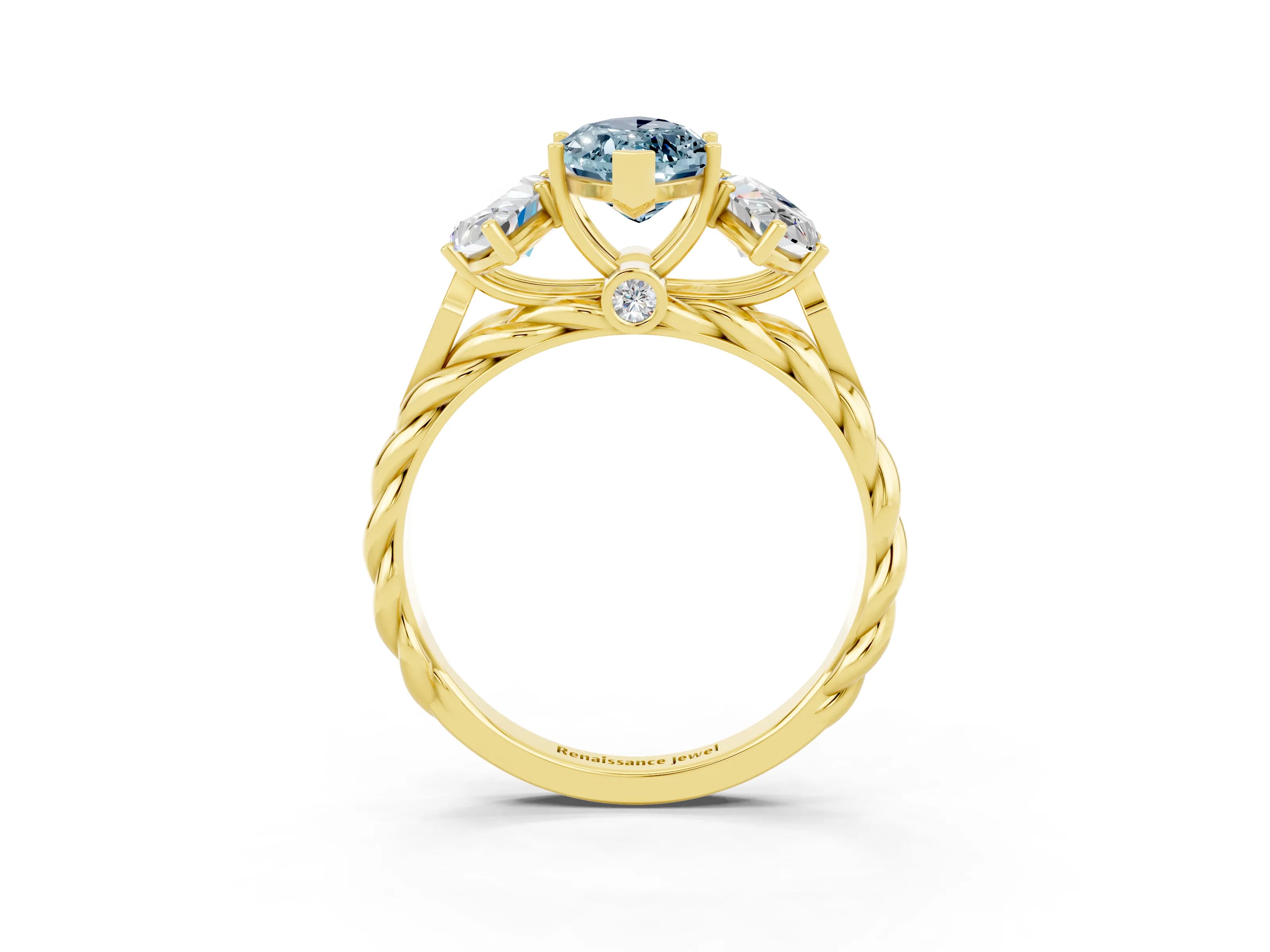 Yellow gold Three-Stone Marquise Cut Aquamarine Braided Band Ring with Four-Prong Setting_15