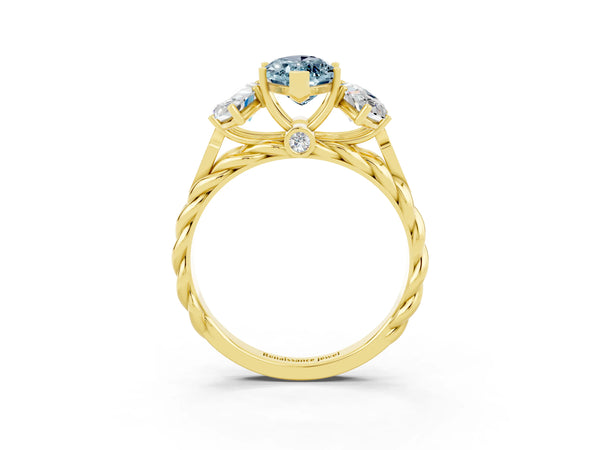 Yellow gold Three-Stone Marquise Cut Aquamarine Braided Band Ring with Four-Prong Setting