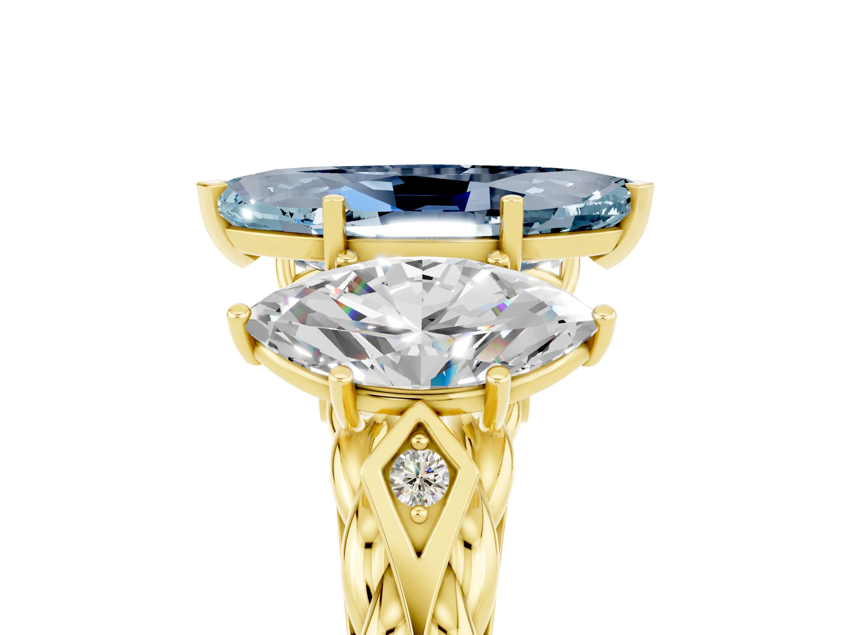 Yellow gold Three-Stone Marquise Cut Aquamarine Braided Band Ring with Four-Prong Setting_17