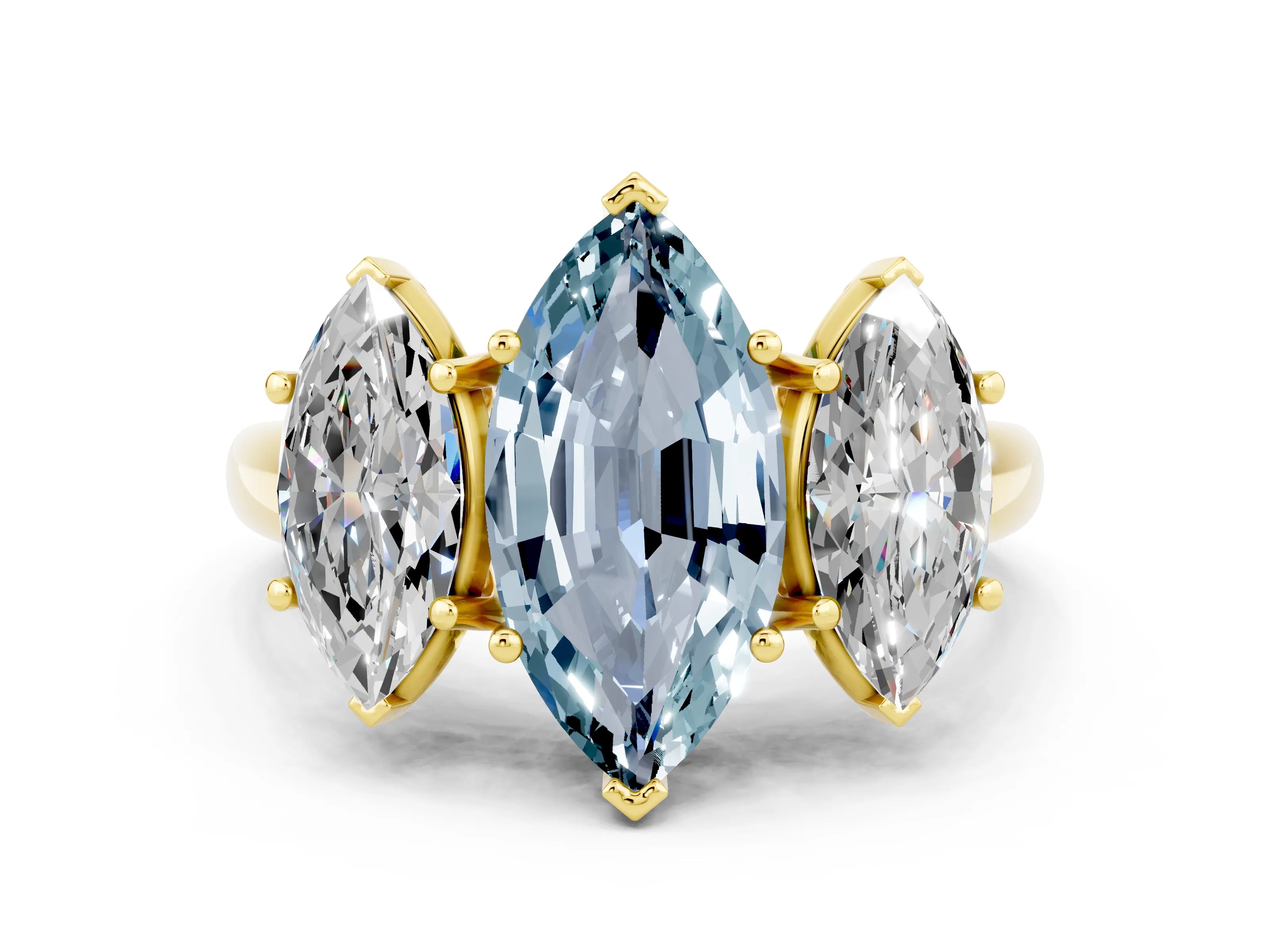 Yellow gold Three-Stone Marquise Cut Aquamarine Engagement Ring with Prong Setting