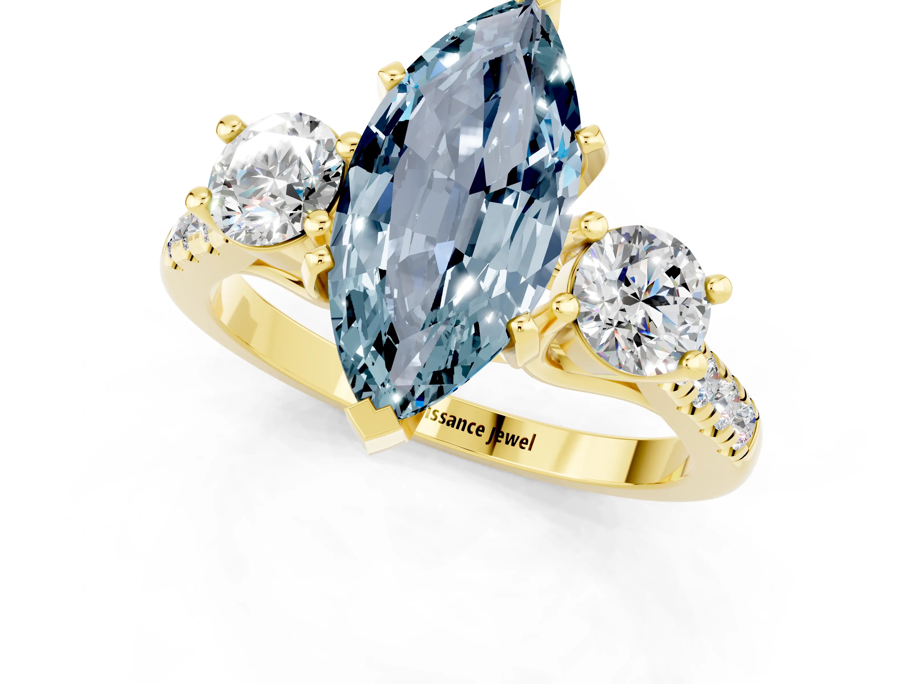 Yellow gold Three-Stone Marquise Cut Aquamarine Pavé Band with Four-Prong Setting_1