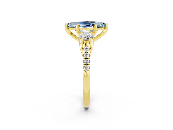 Yellow gold Three-Stone Marquise Cut Aquamarine Pavé Band with Four-Prong Setting