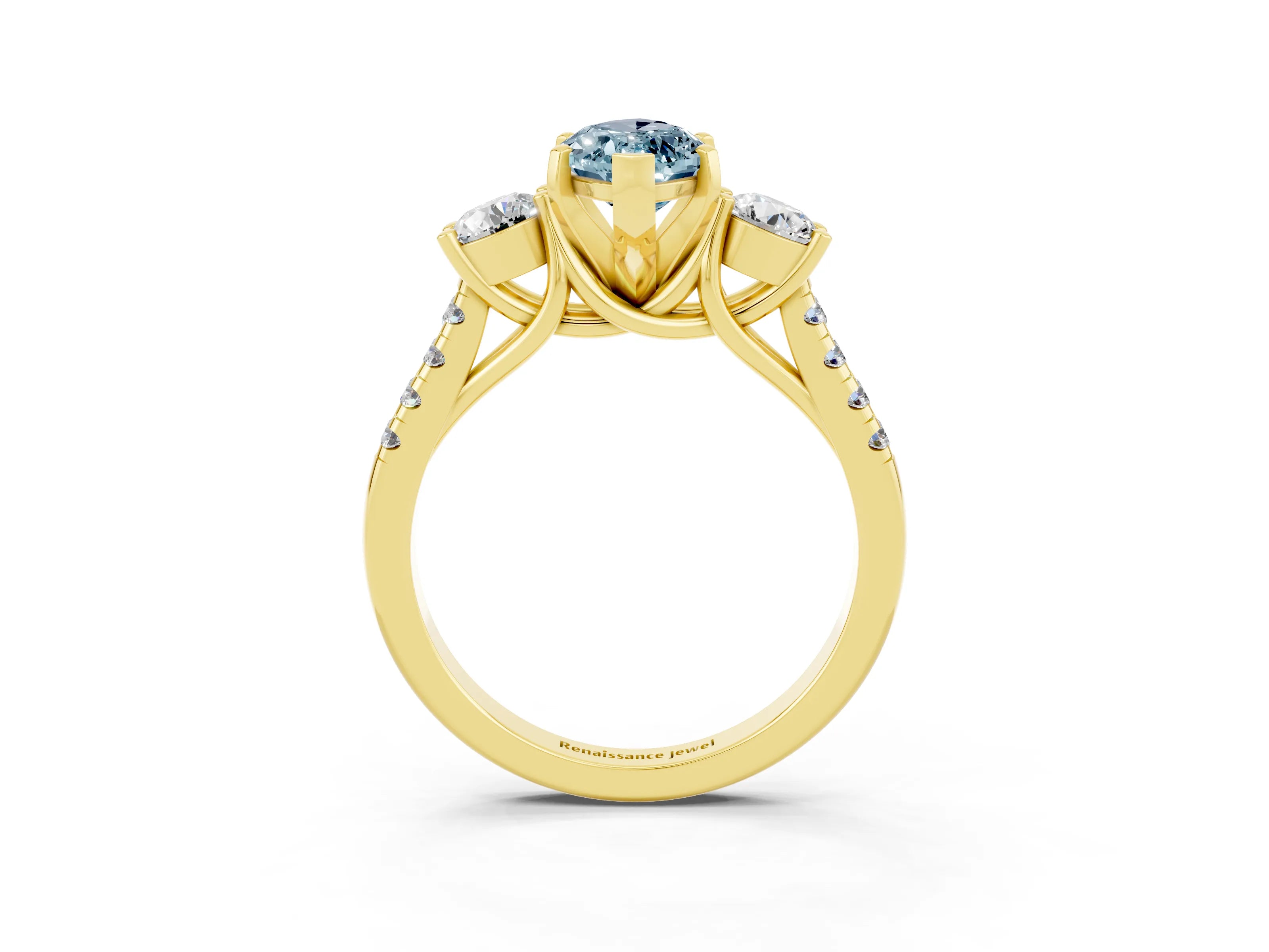 Yellow gold Three-Stone Marquise Cut Aquamarine Pavé Band with Four-Prong Setting_3