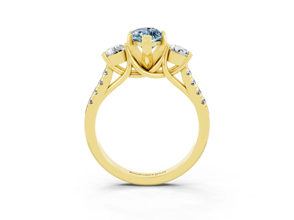 Yellow gold Three-Stone Marquise Cut Aquamarine Pavé Band with Four-Prong Setting