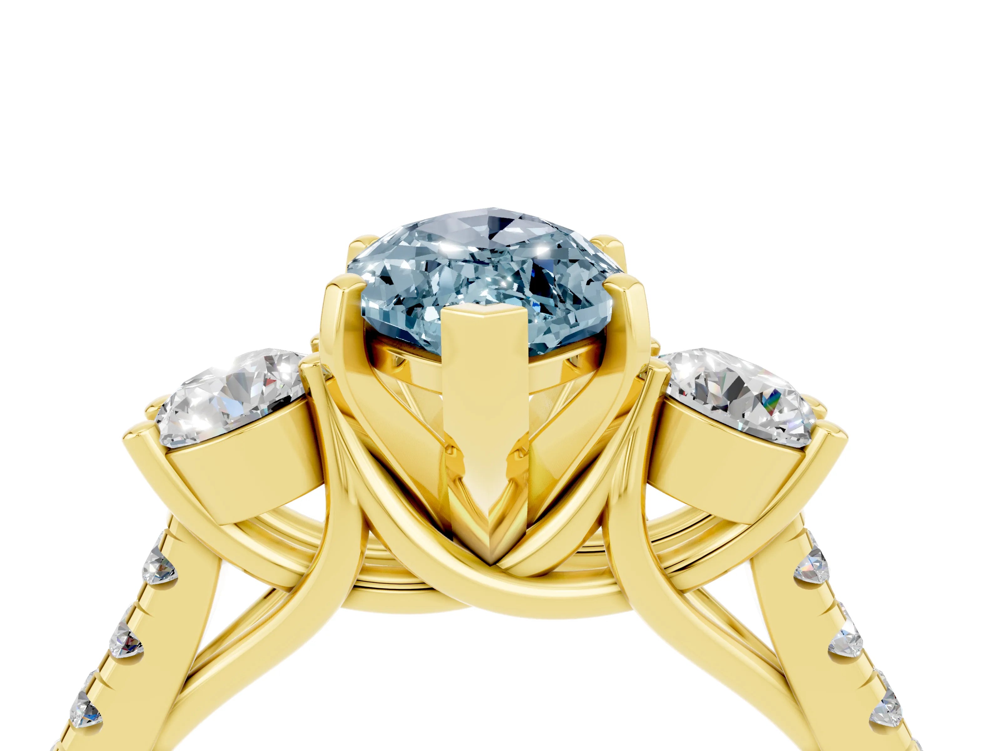 Yellow gold Three-Stone Marquise Cut Aquamarine Pavé Band with Four-Prong Setting_4