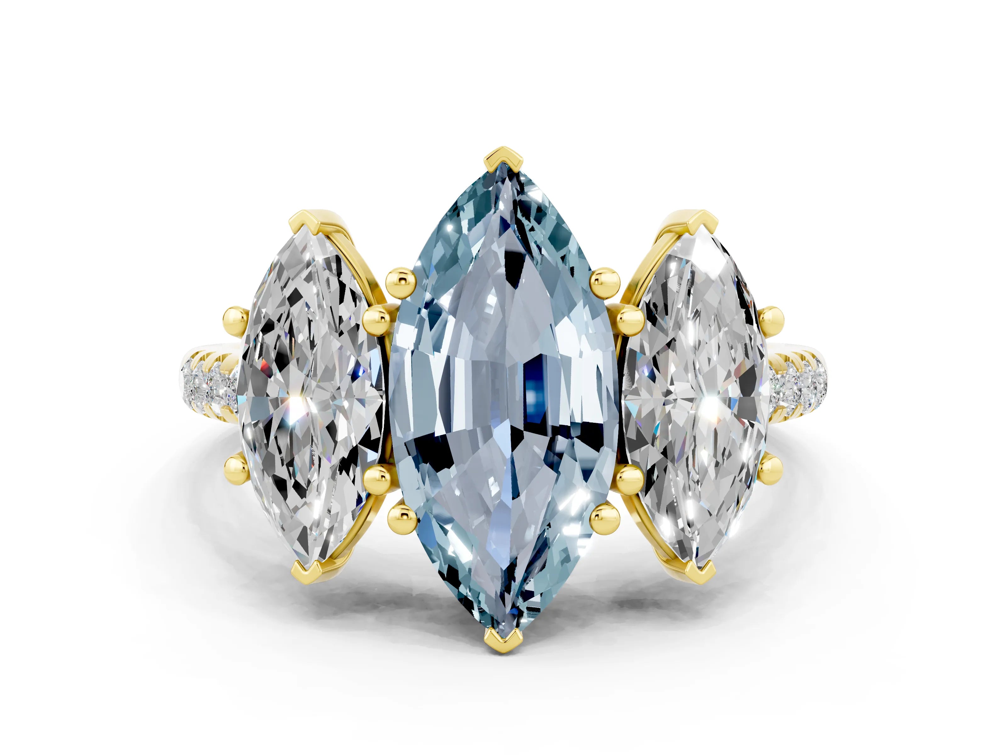 Yellow gold Three-Stone Marquise Cut Aquamarine Ring with Pavé Band and Prong Setting_12