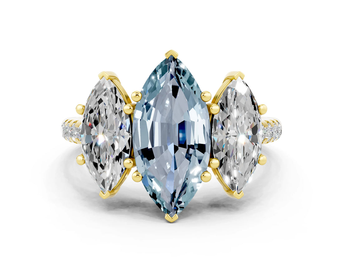 Yellow gold Three-Stone Marquise Cut Aquamarine Ring with Pavé Band and Prong Setting_12