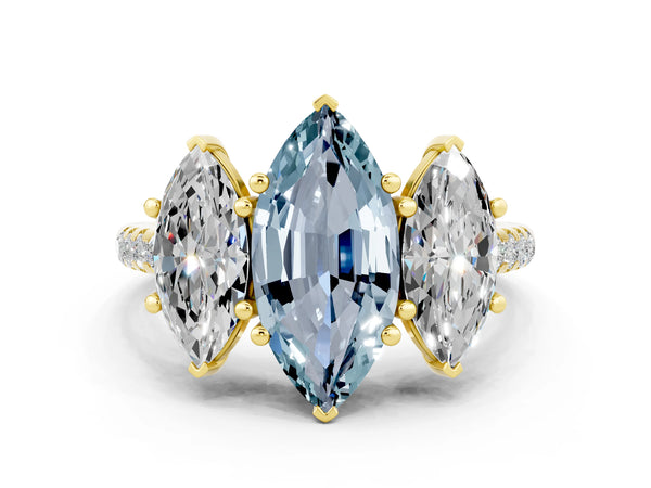Yellow gold Three-Stone Marquise Cut Aquamarine Ring with Round  Pavé Band and Prong Setting