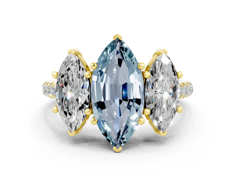 Yellow gold Three-Stone Marquise Cut Aquamarine Ring with Pavé Band and Prong Setting_12