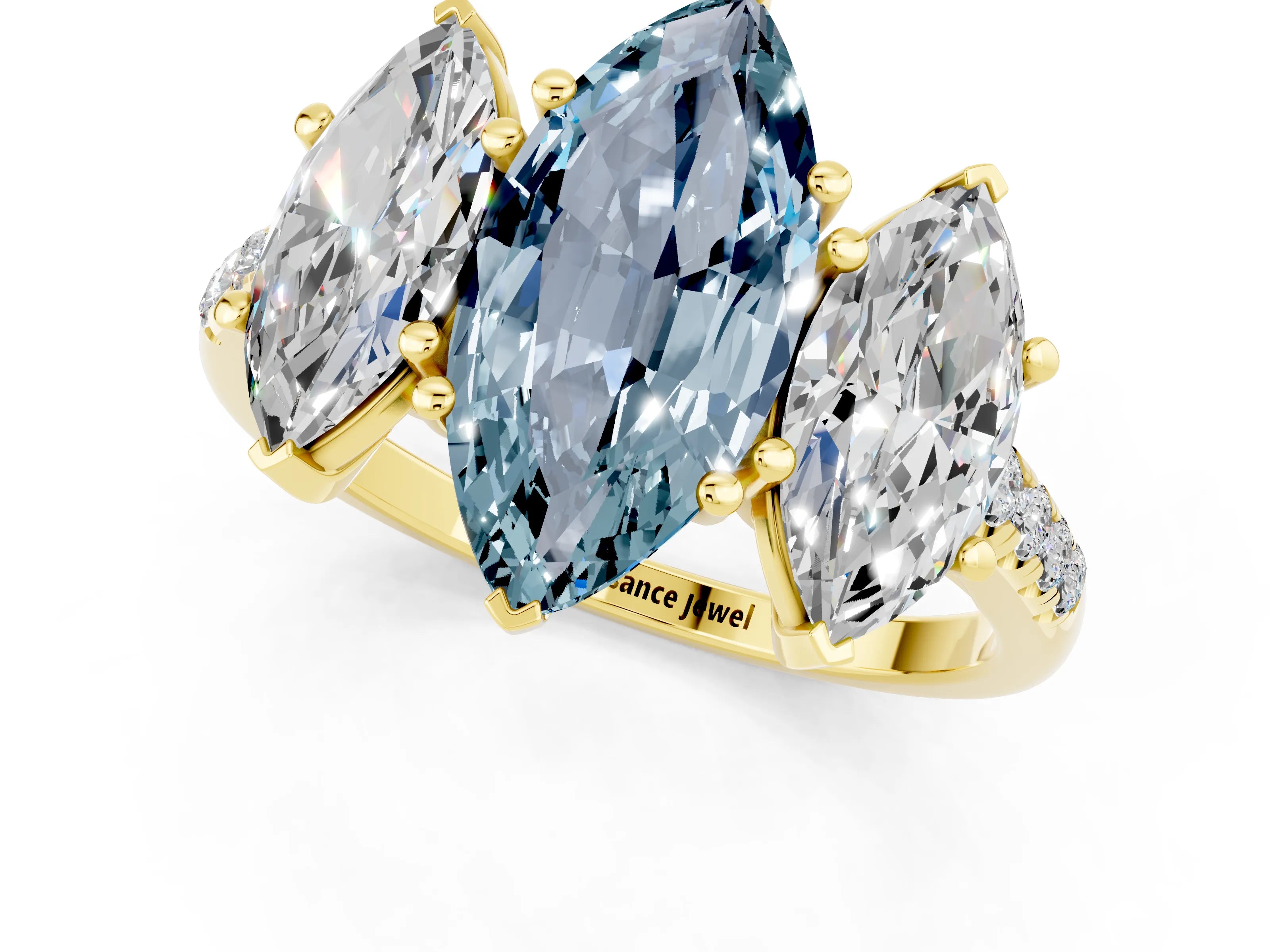 Yellow gold Three-Stone Marquise Cut Aquamarine Ring with Pavé Band and Prong Setting_13
