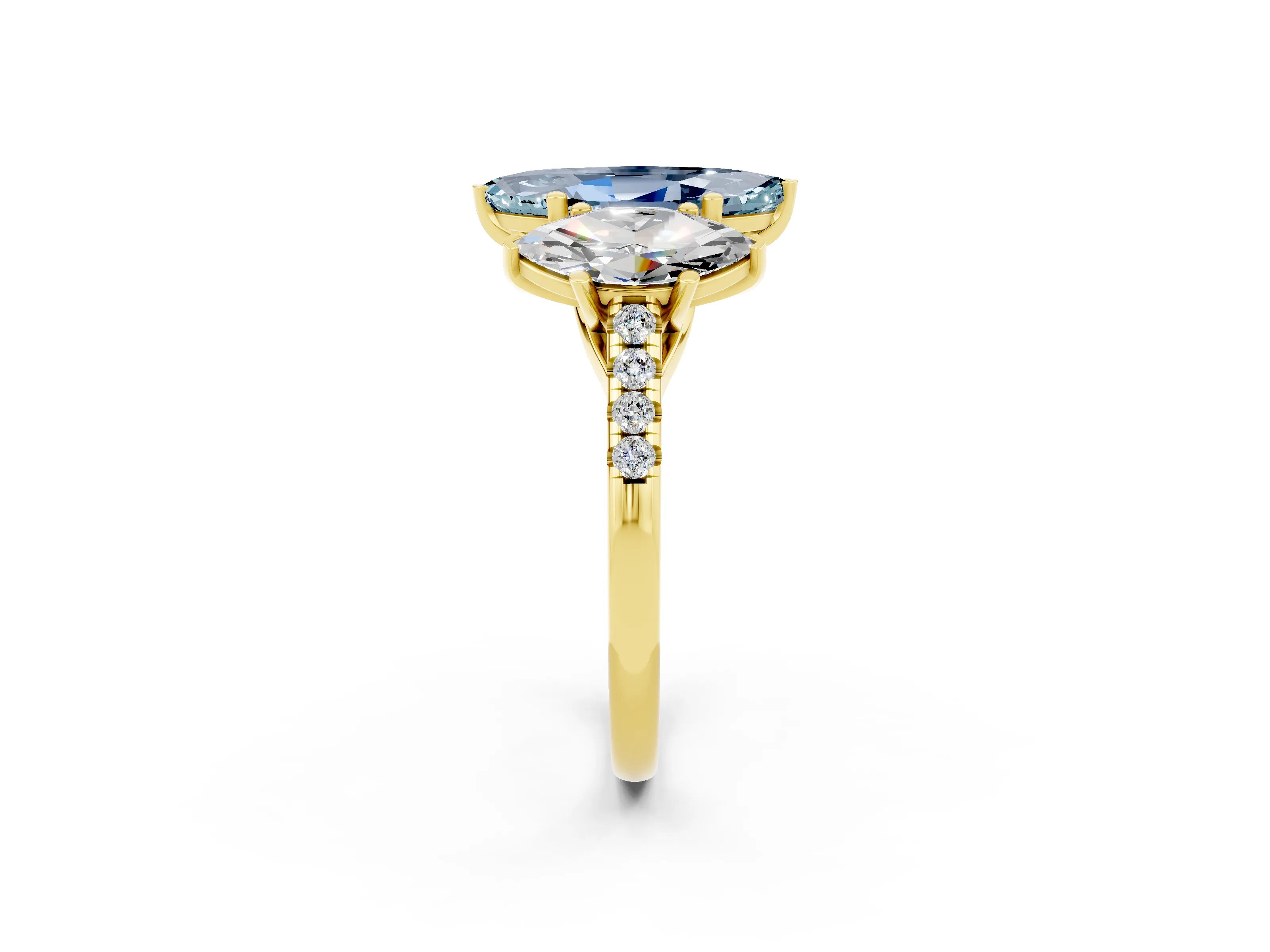 Yellow gold Three-Stone Marquise Cut Aquamarine Ring with Pavé Band and Prong Setting_14