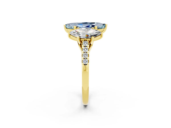 Yellow gold Three-Stone Marquise Cut Aquamarine Ring with Round  Pavé Band and Prong Setting