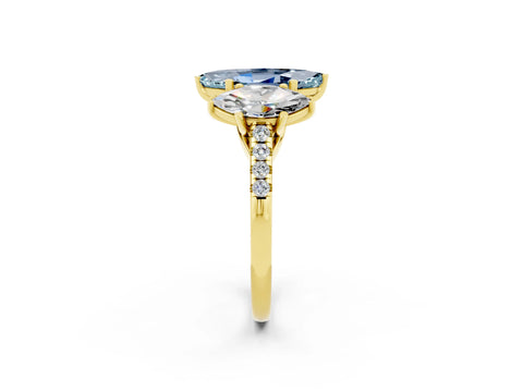 Yellow gold Three-Stone Marquise Cut Aquamarine Ring with Pavé Band and Prong Setting_14