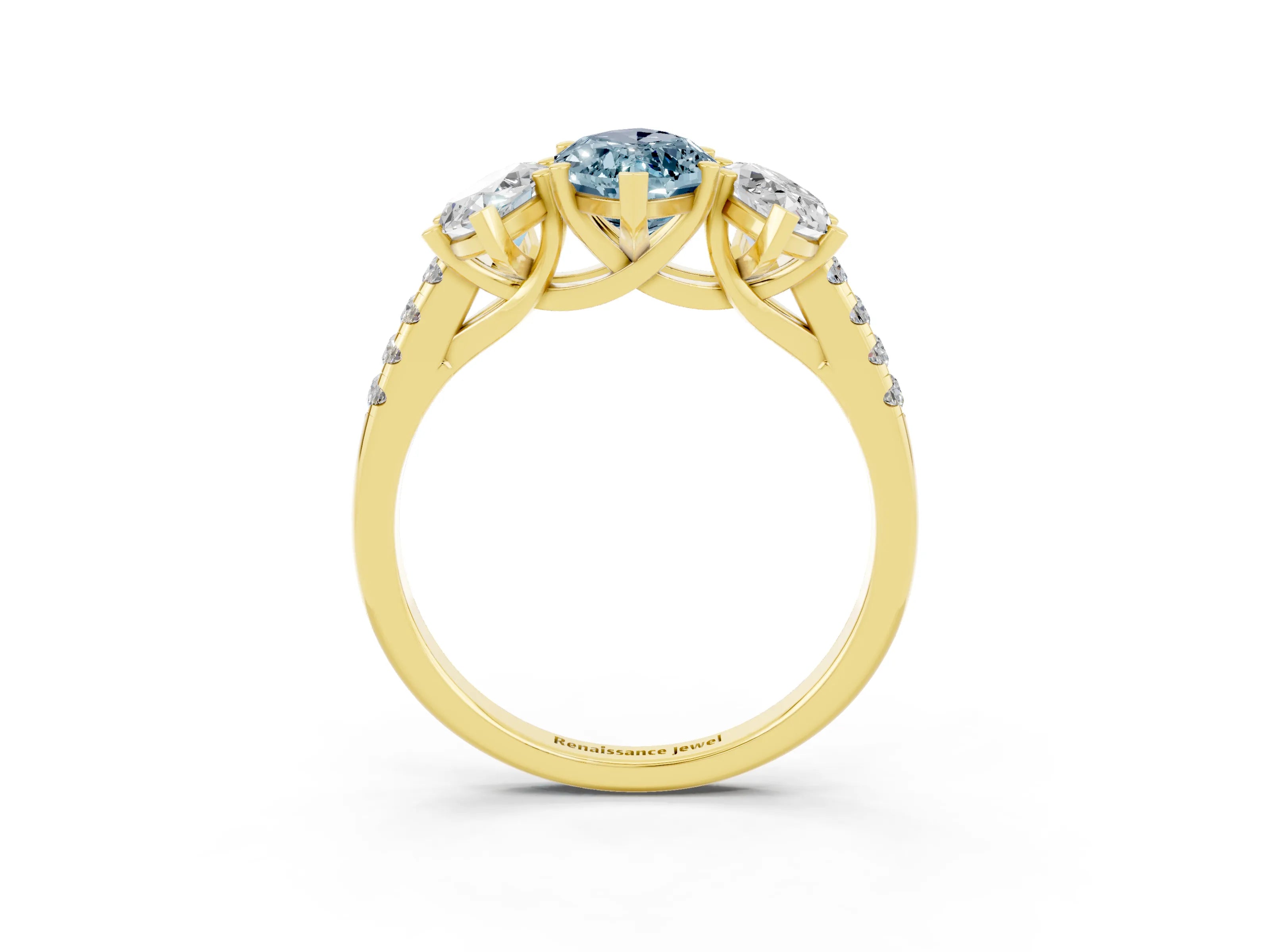 Yellow gold Three-Stone Marquise Cut Aquamarine Ring with Pavé Band and Prong Setting_15