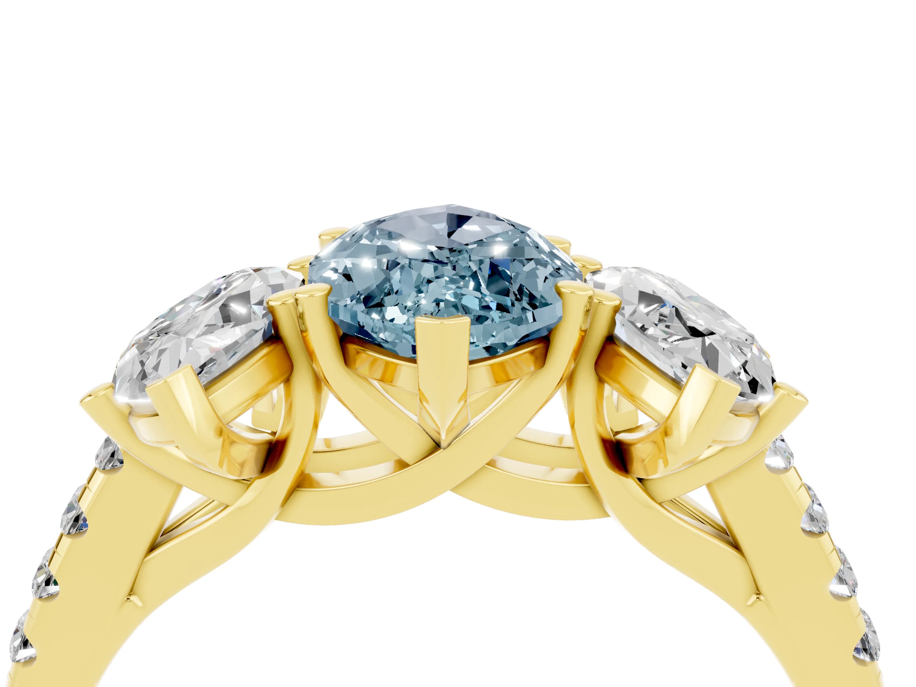 Yellow gold Three-Stone Marquise Cut Aquamarine Ring with Pavé Band and Prong Setting_16