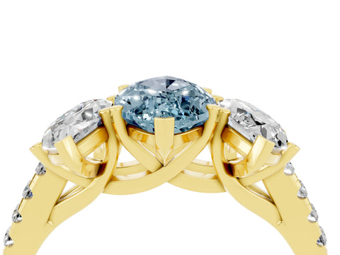 Yellow gold Three-Stone Marquise Cut Aquamarine Ring with Pavé Band and Prong Setting_16