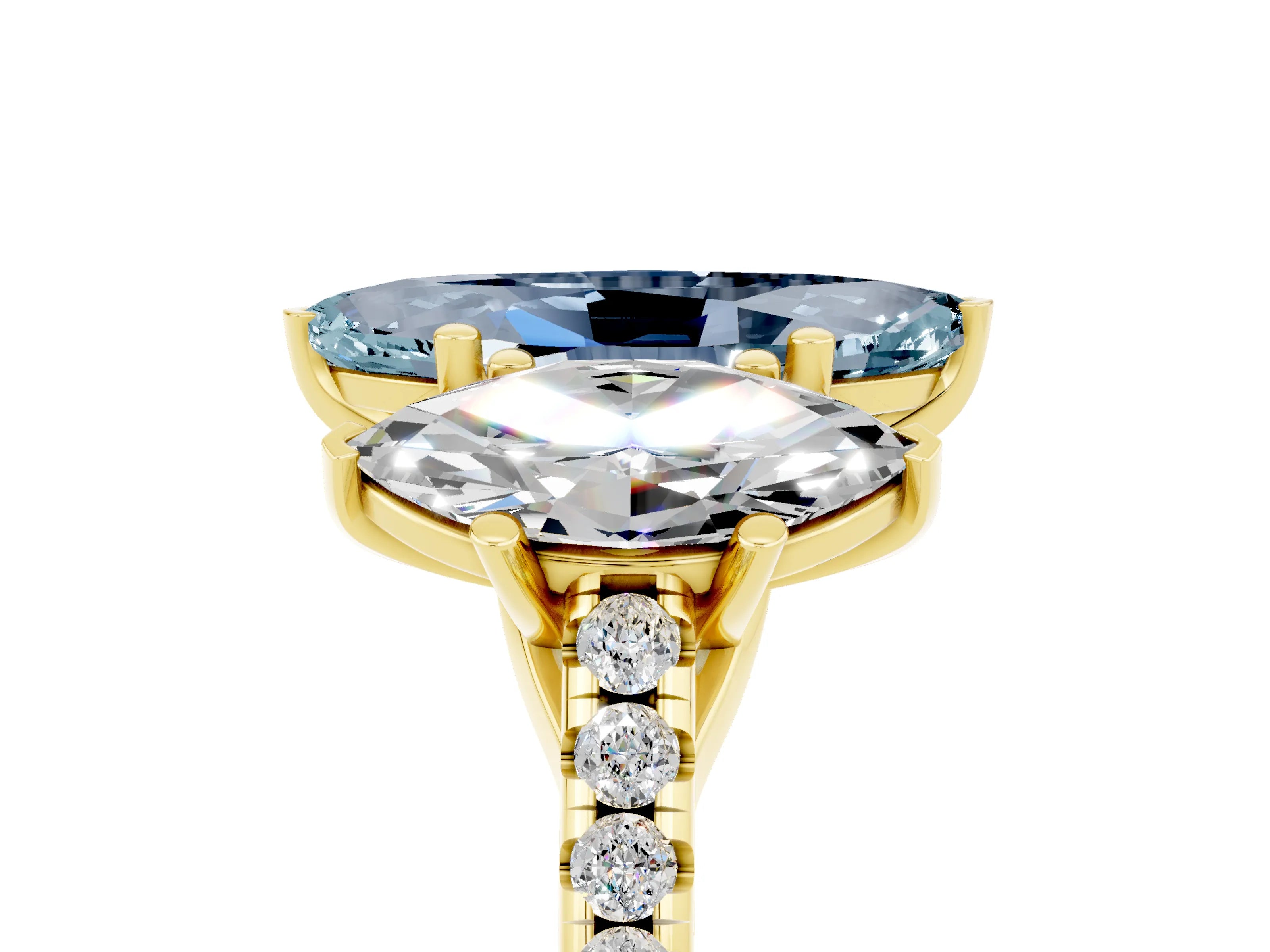 Yellow gold Three-Stone Marquise Cut Aquamarine Ring with Pavé Band and Prong Setting_17