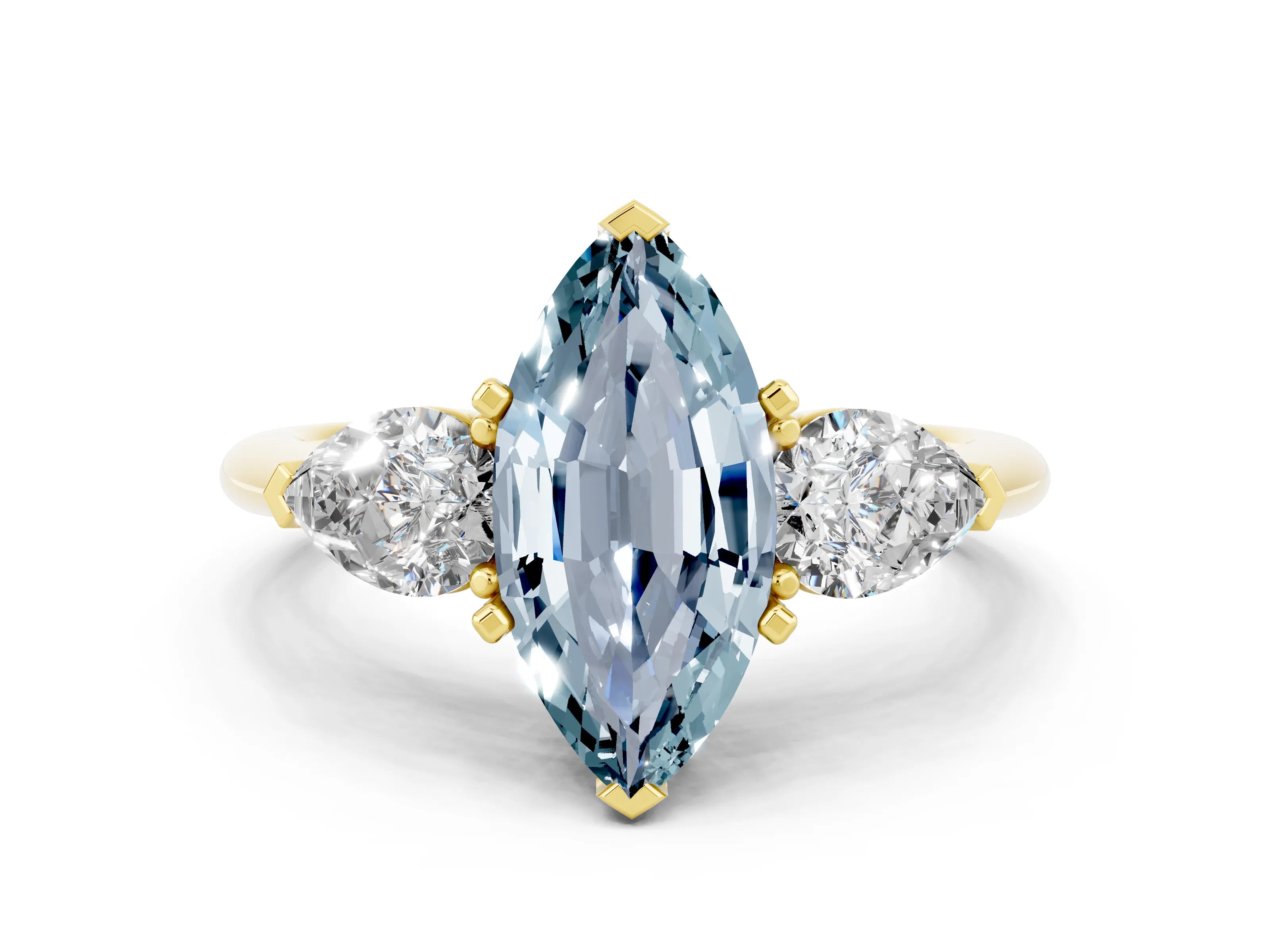 Yellow gold Three-Stone Marquise Cut Aquamarine Ring with Pear Side Stones and Four-Prong Setting