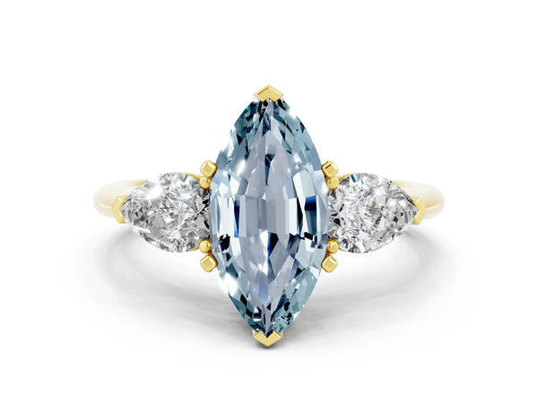Yellow gold Three-Stone Marquise Cut Aquamarine Ring with Pear Side Stones and Four-Prong Setting