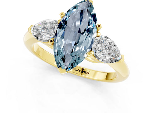 Yellow gold Three-Stone Marquise Cut Aquamarine Ring with Pear Side Stones and Four-Prong Setting_1