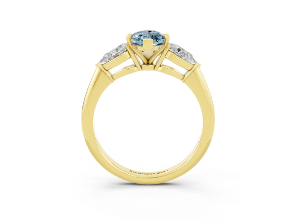Yellow gold Three-Stone Marquise Cut Aquamarine Ring with Pear Side Stones and Four-Prong Setting