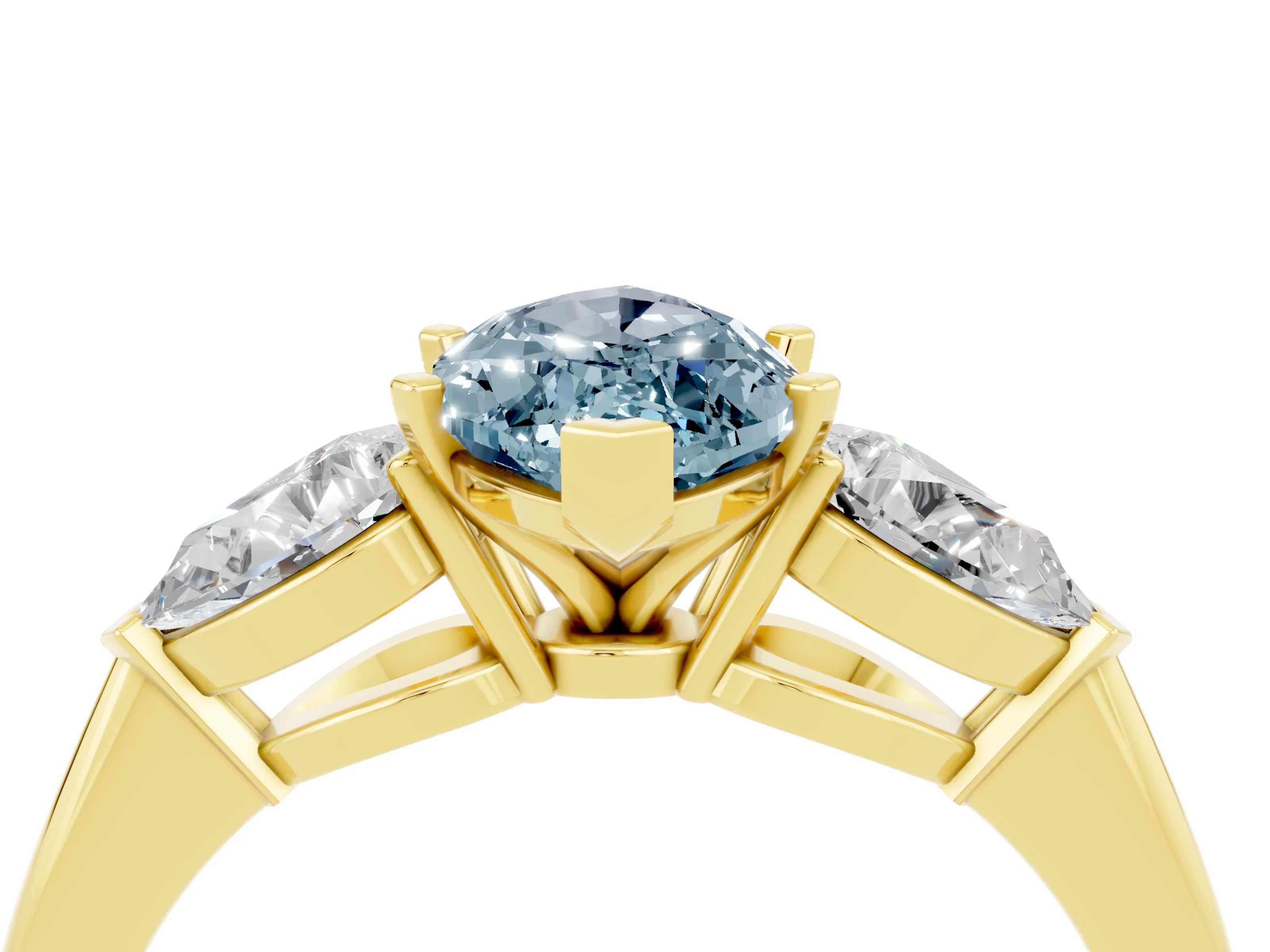 Yellow gold Three-Stone Marquise Cut Aquamarine Ring with Pear Side Stones and Four-Prong Setting_4