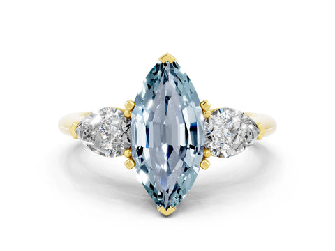 Yellow gold Three-Stone Marquise Cut Aquamarine Ring with Pear Side Stones and Four-Prong Setting