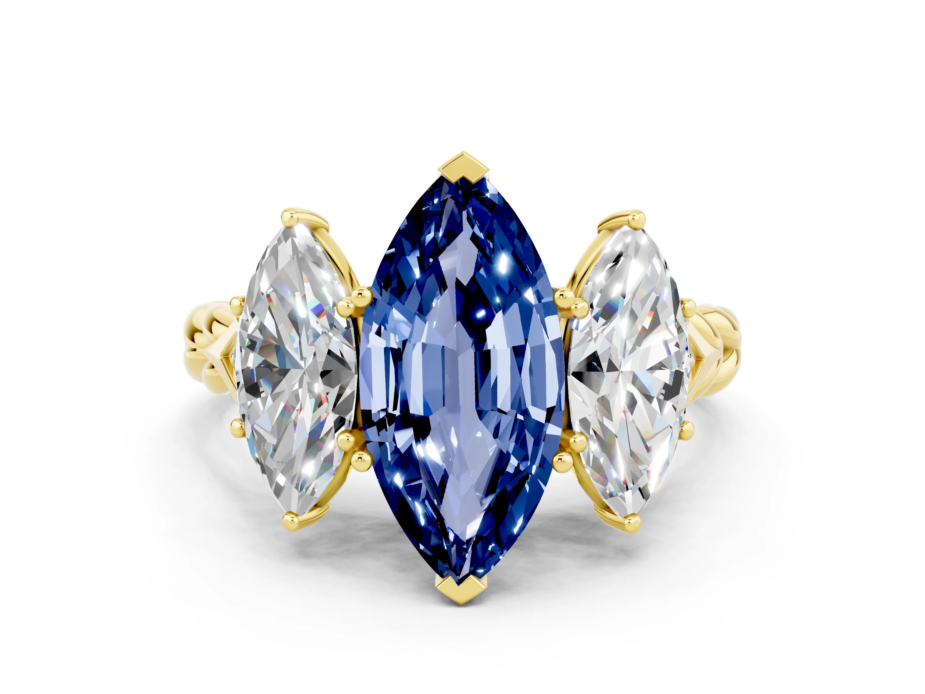 Yellow gold Three-Stone Marquise Cut Blue Sapphire Braided Band Ring with Four-Prong Setting_12