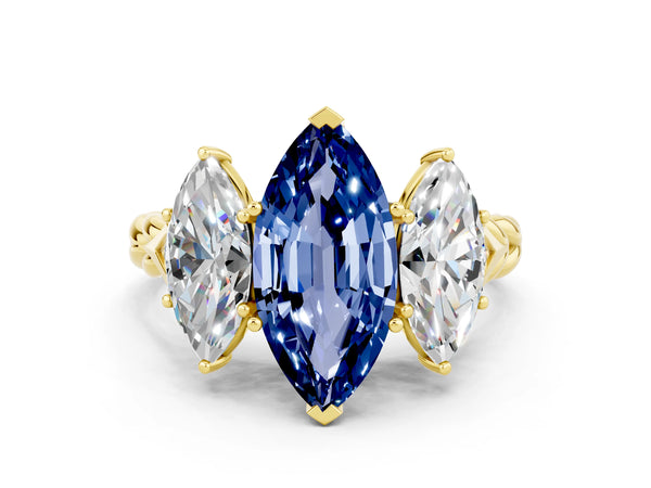 Yellow gold Three-Stone Marquise Cut Blue Sapphire Braided Band Ring with Four-Prong Setting