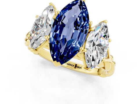 Yellow gold Three-Stone Marquise Cut Blue Sapphire Braided Band Ring with Four-Prong Setting_13