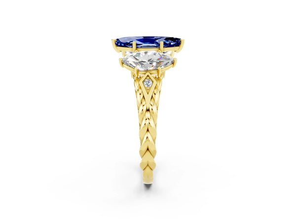 Yellow gold Three-Stone Marquise Cut Blue Sapphire Braided Band Ring with Four-Prong Setting