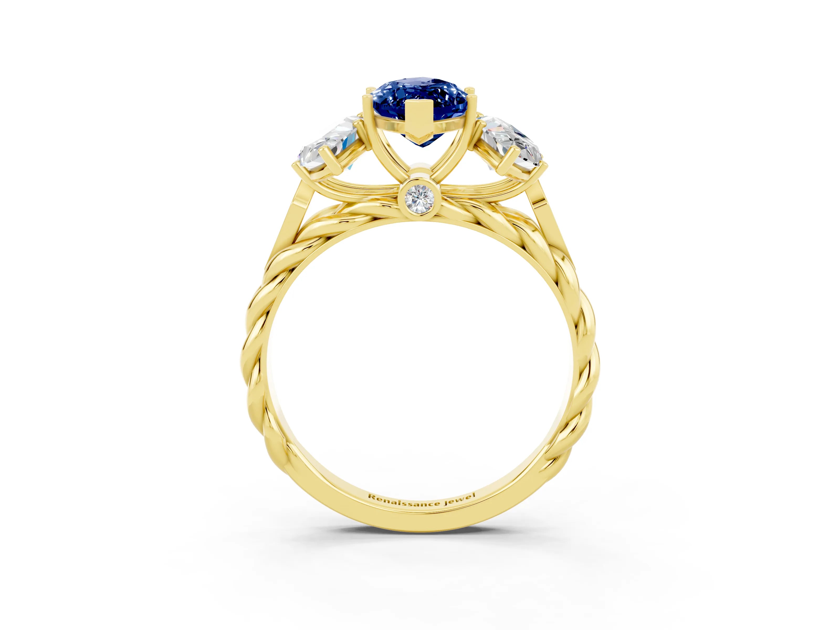 Yellow gold Three-Stone Marquise Cut Blue Sapphire Braided Band Ring with Four-Prong Setting_15