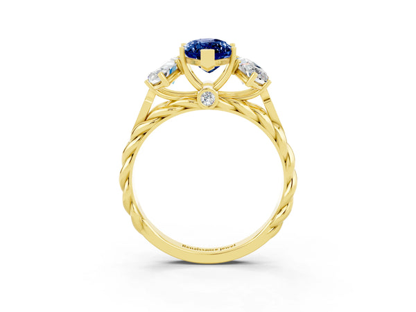 Yellow gold Three-Stone Marquise Cut Blue Sapphire Braided Band Ring with Four-Prong Setting