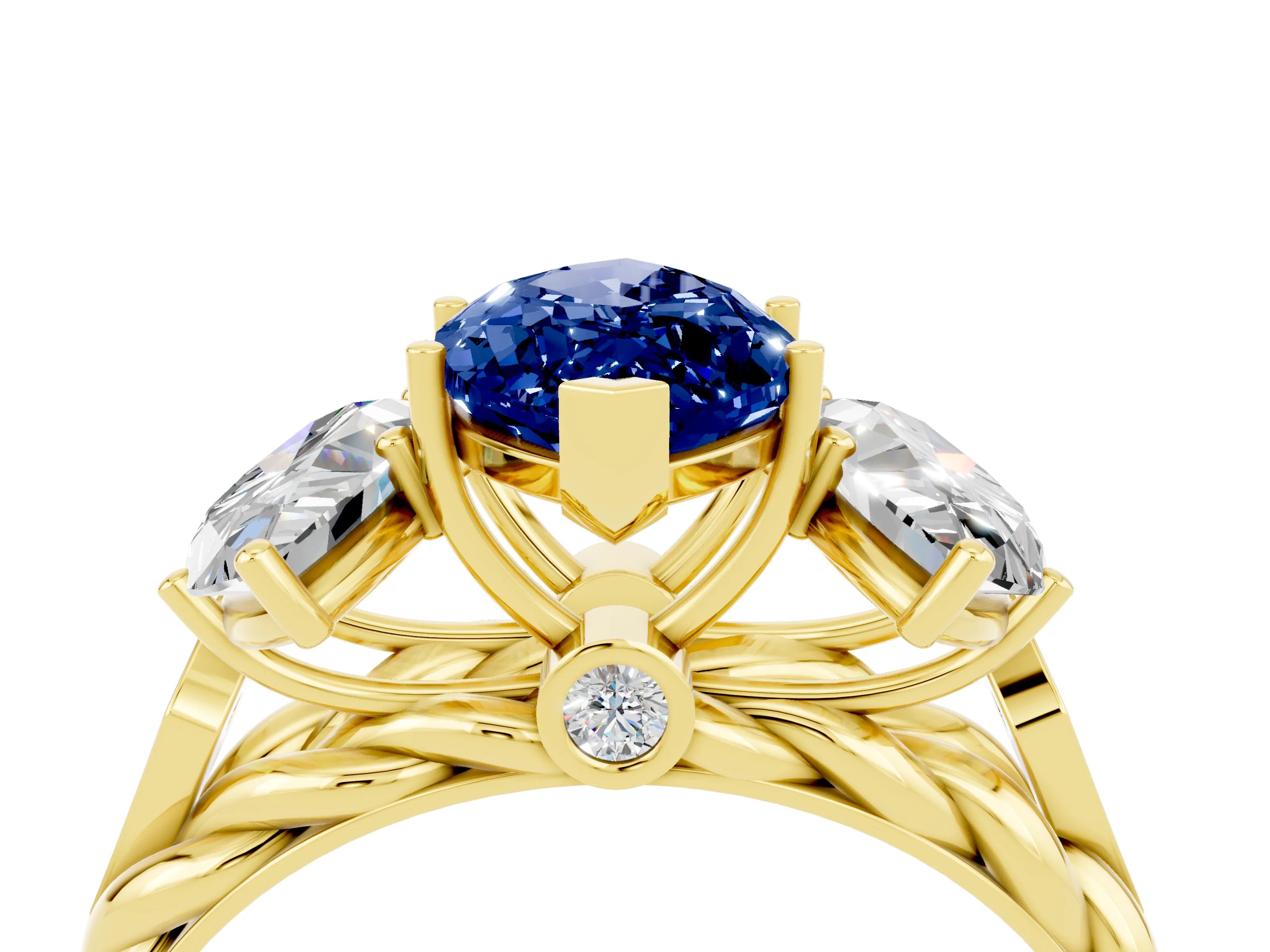 Yellow gold Three-Stone Marquise Cut Blue Sapphire Braided Band Ring with Four-Prong Setting_16