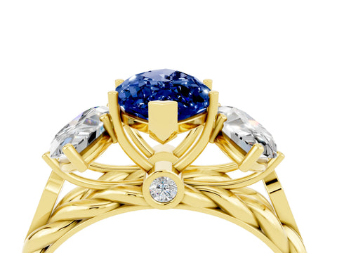 Yellow gold Three-Stone Marquise Cut Blue Sapphire Braided Band Ring with Four-Prong Setting_16