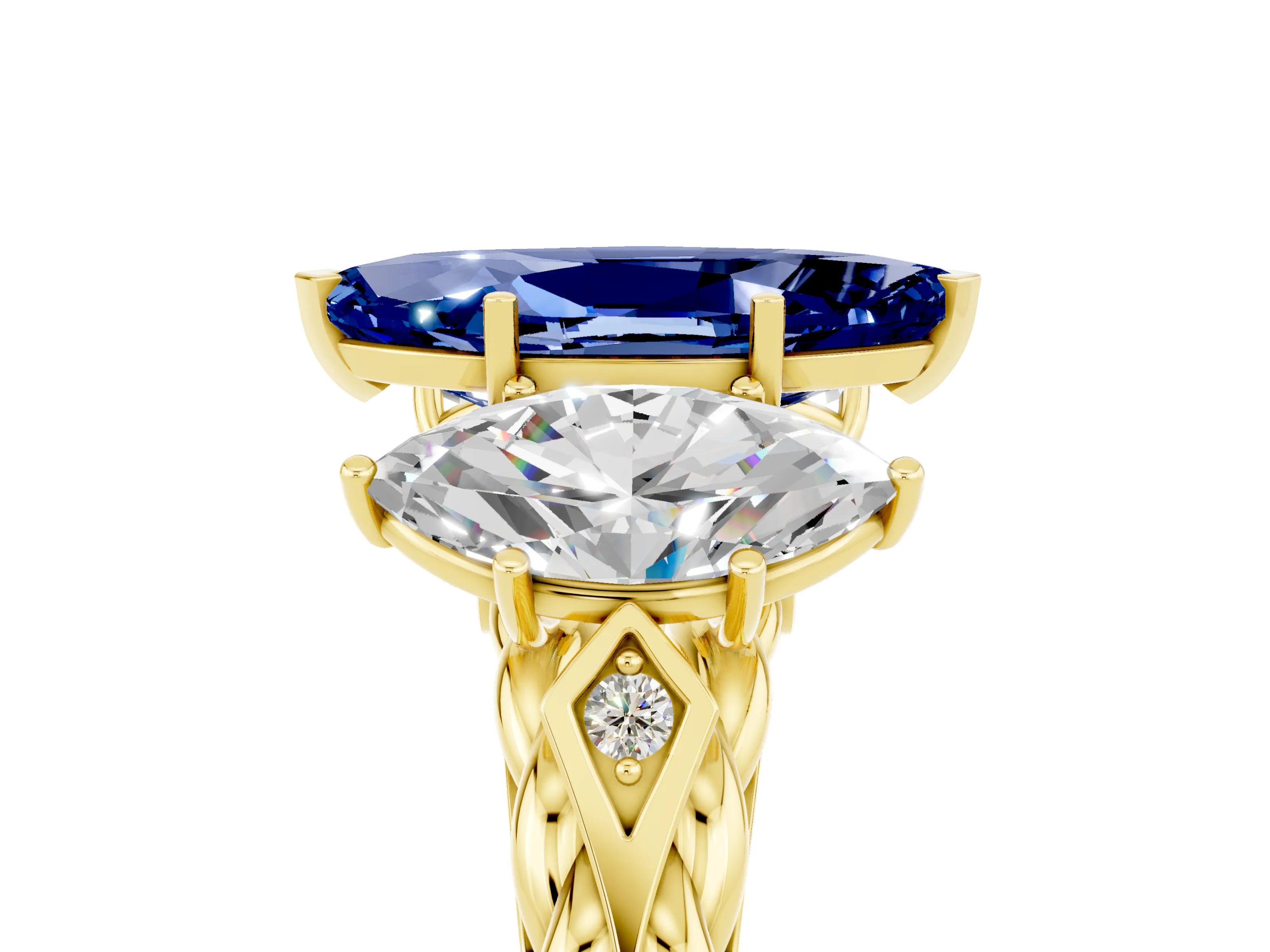 Yellow gold Three-Stone Marquise Cut Blue Sapphire Braided Band Ring with Four-Prong Setting_17