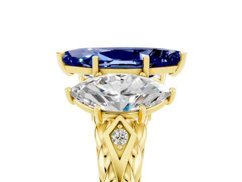 Yellow gold Three-Stone Marquise Cut Blue Sapphire Braided Band Ring with Four-Prong Setting_17