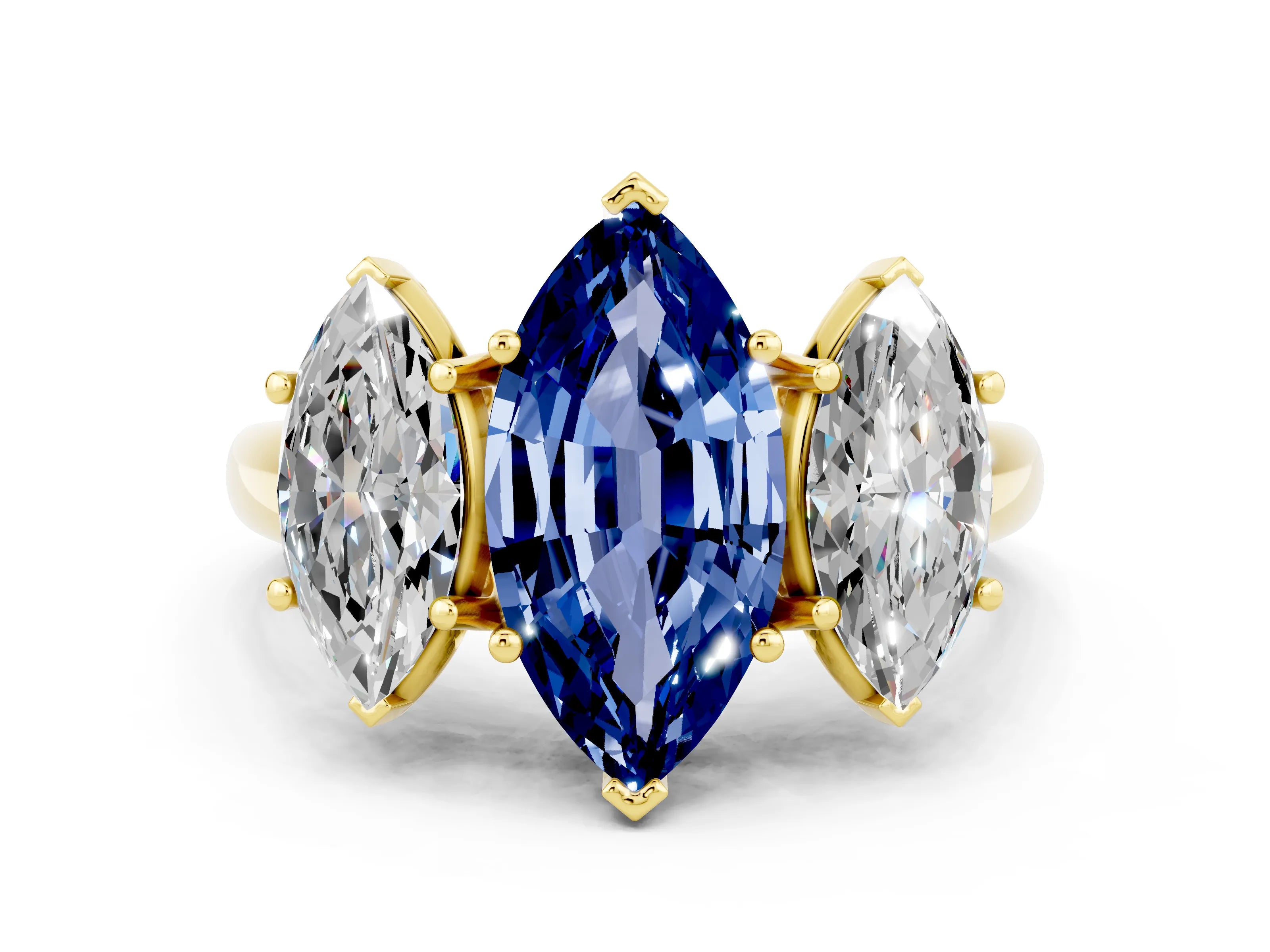 Yellow gold Three-Stone Marquise Cut Blue Sapphire Engagement Ring with Prong Setting