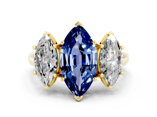 Yellow gold Three-Stone Marquise Cut Blue Sapphire Engagement Ring with Prong Setting