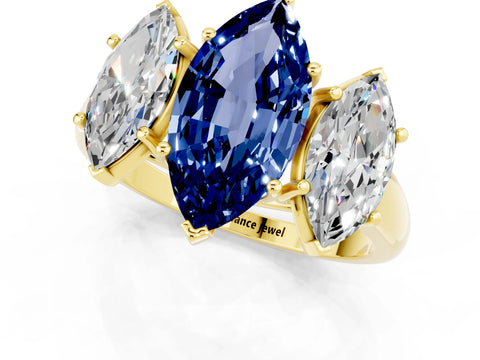 Yellow gold Three-Stone Marquise Cut Blue Sapphire Engagement Ring with Prong Setting_1